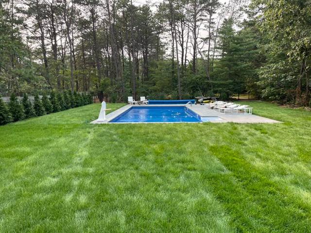After: the same pool surrounded by new lawn